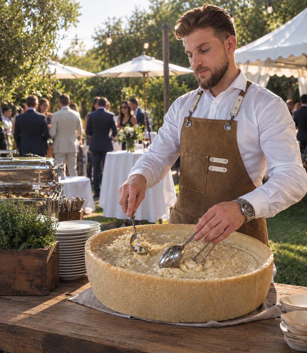 DA VINCI Catering — Pasta aus dem Parmesanlaib bei einem Event im Freien